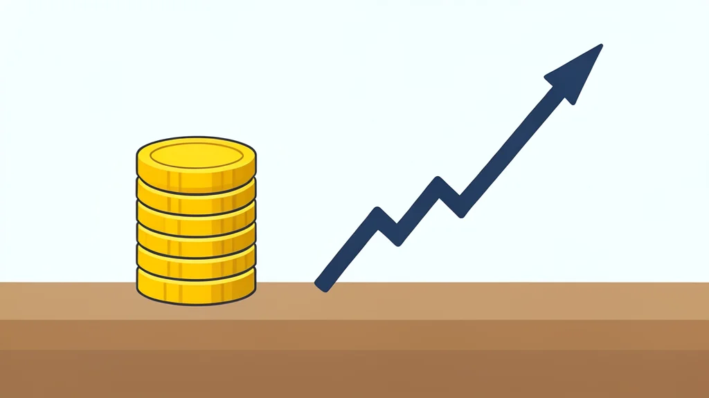 A stack of gold coins next to a rising line graph on a desk