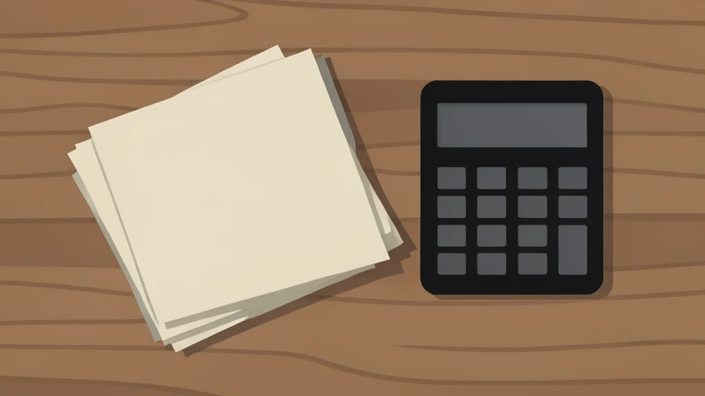 A stack of government bond certificates resting on a wooden desk next to a calculator