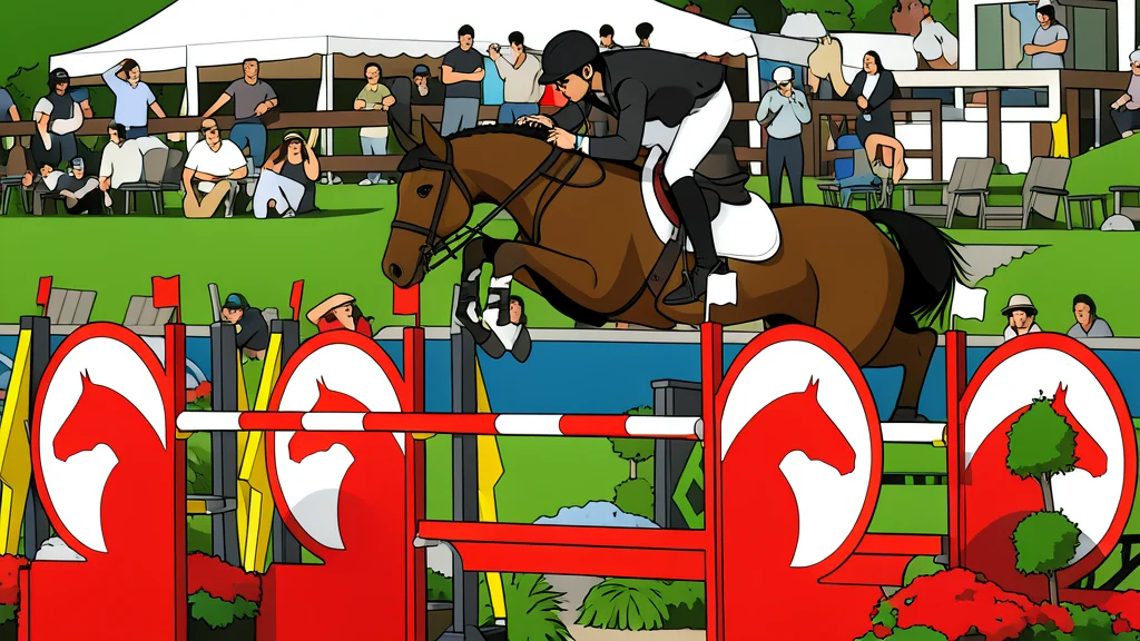 A white show jumping horse clearing a striped obstacle in an indoor arena
