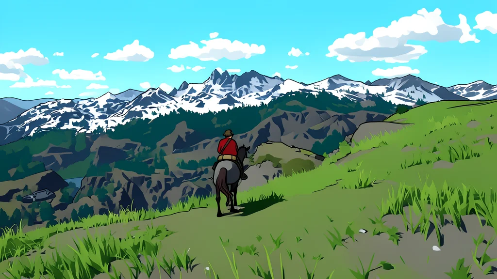 A vast, rolling digital landscape with winding paths and distant mountains under a twilight sky
