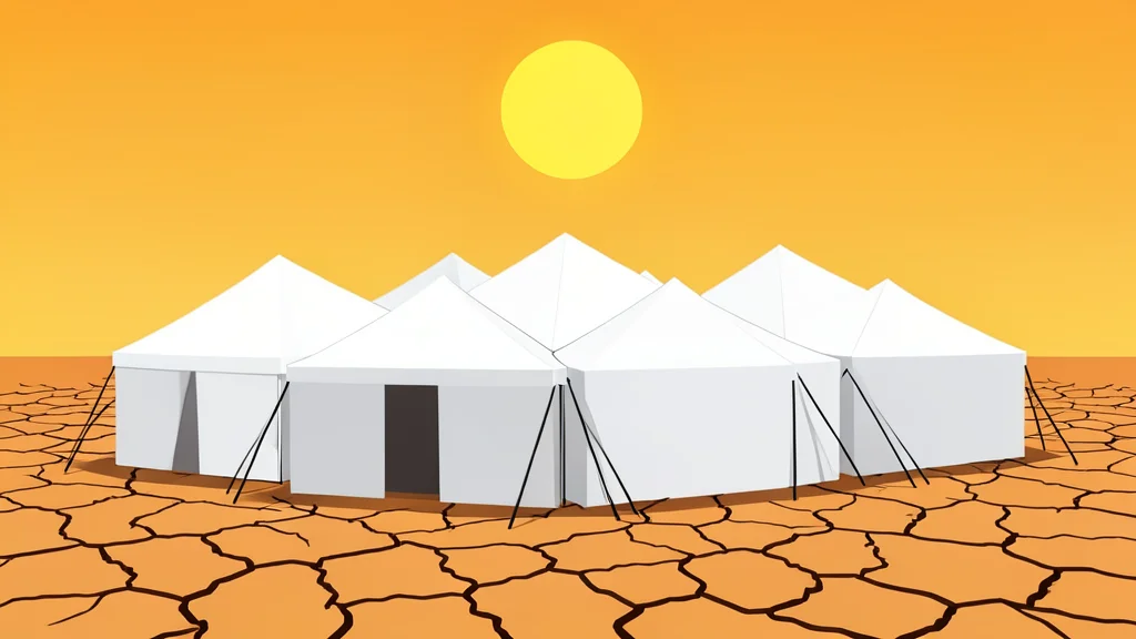 A cluster of white medical tents set up on dry, cracked earth under a harsh sun