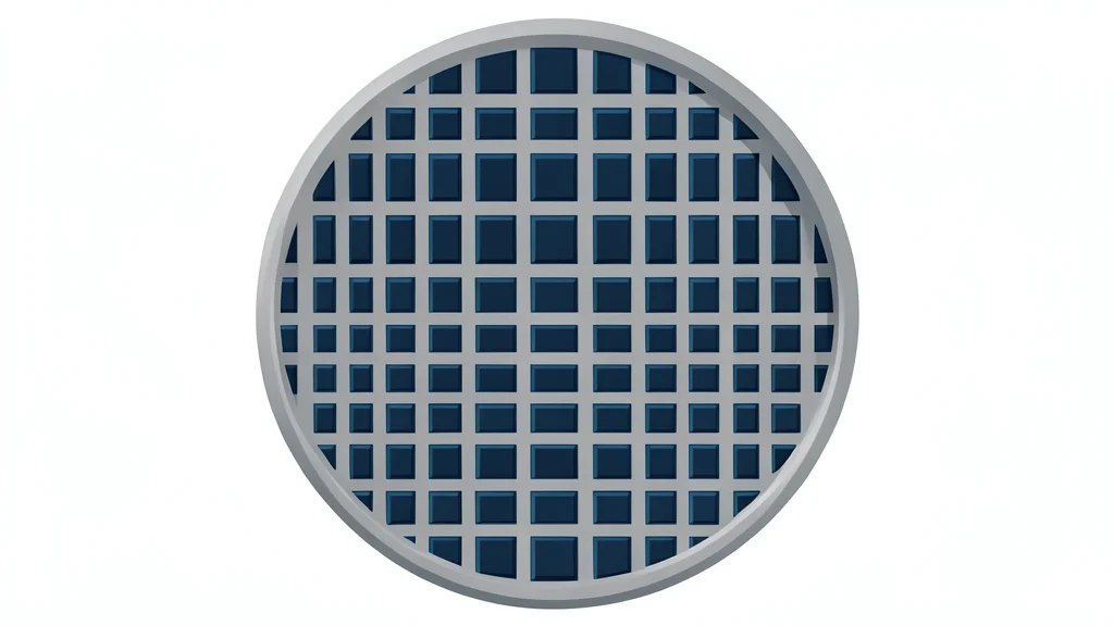 A close-up view of a silicon wafer featuring a precise grid of square integrated circuits.