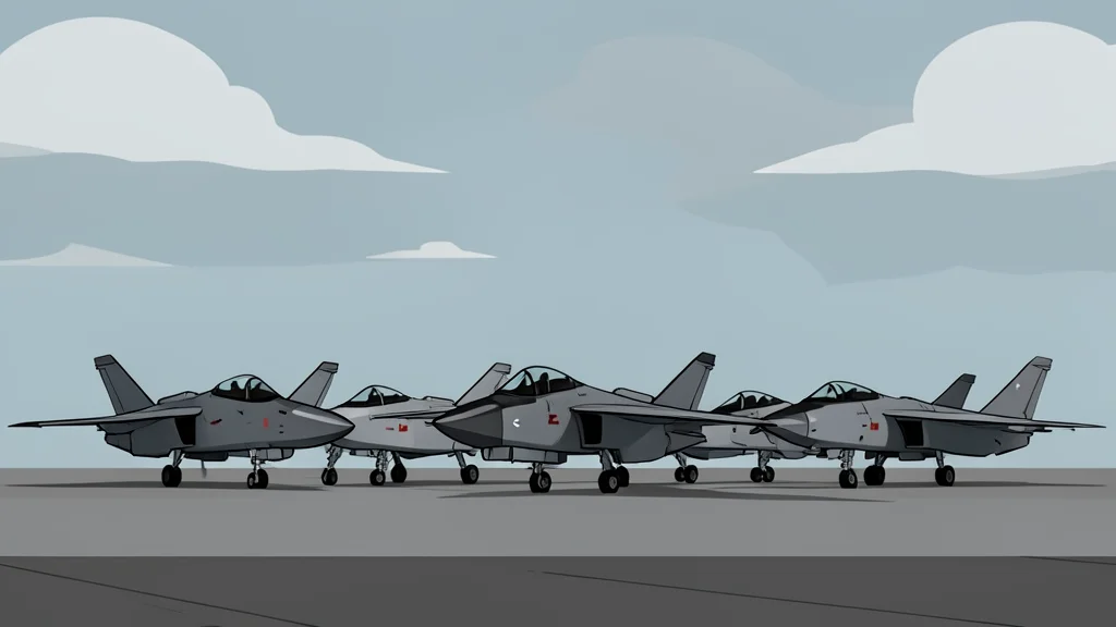 A row of military fighter jets parked on a tarmac under a cloudy sky