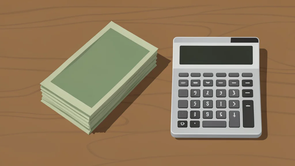 A stack of paper currency and a calculator on a wooden desk