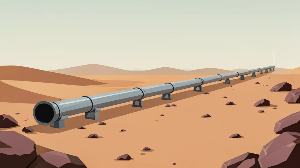 A long metallic pipeline stretching across a dry rocky desert landscape under a hazy sky.