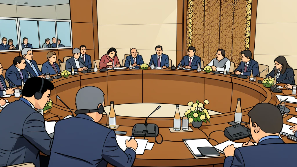 A large circular wooden table with empty chairs arranged around it, symbolizing a multilateral diplomatic forum.