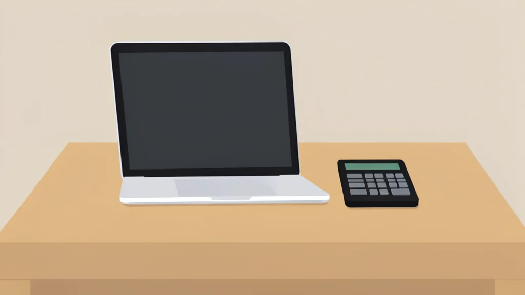 A clean, modern office desk featuring a silver laptop and a black calculator on a light wood surface.