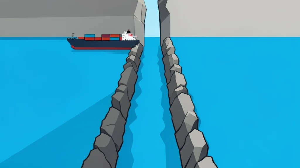 A narrow, rocky strait connecting two large bodies of water with a cargo ship passing through