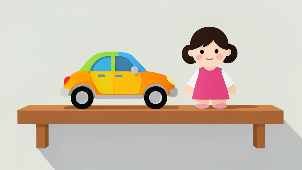 A colorful plastic toy car and a stylized doll figure sitting on a wooden shelf