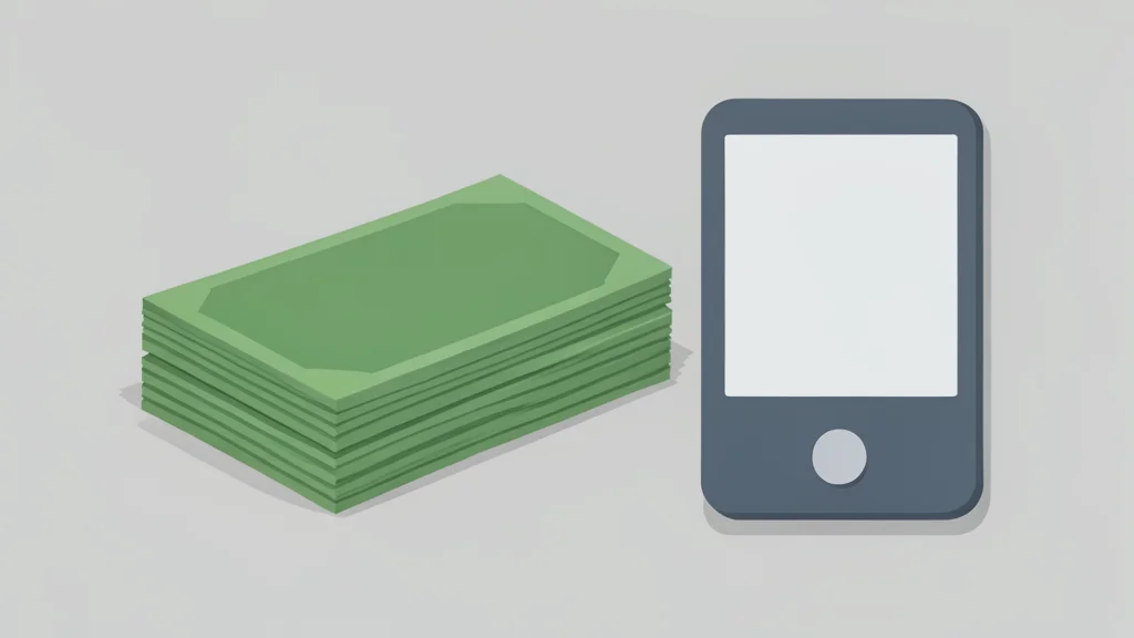 A stack of generic currency notes next to a digital payment terminal