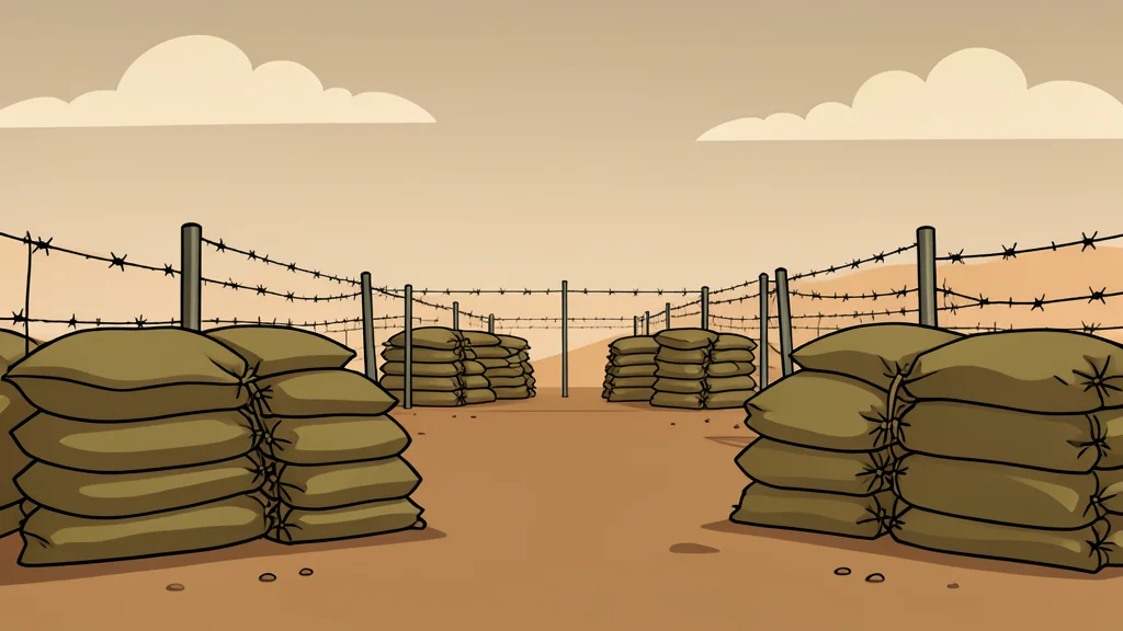 A view of a fortified military perimeter with sandbags and barbed wire under a hazy, dusty sky