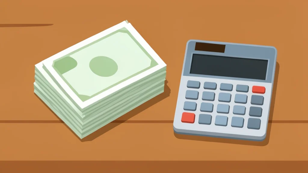 A stack of paper currency and a calculator on a wooden desk