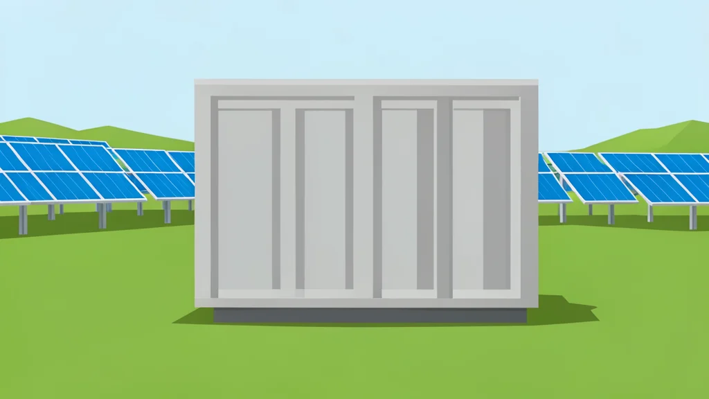 A large industrial battery storage unit standing in a field next to solar panels.