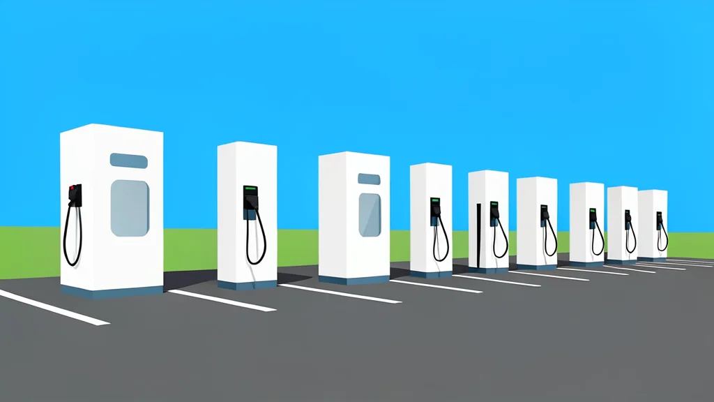 A row of white electric vehicle charging stations standing in a parking lot under a clear sky