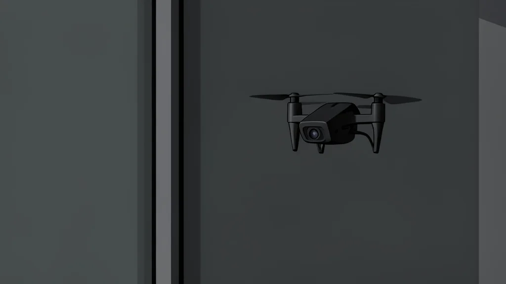 A matte black quadcopter drone hovering near a modern glass office building