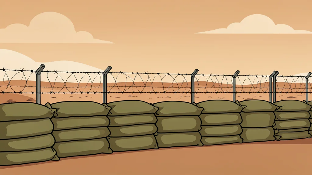 A flat-vector illustration of a military perimeter with sandbags and barbed wire under a dusty, hazy sky.