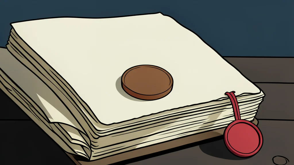 A stack of paper certificates resting on a wooden desk next to a brass key