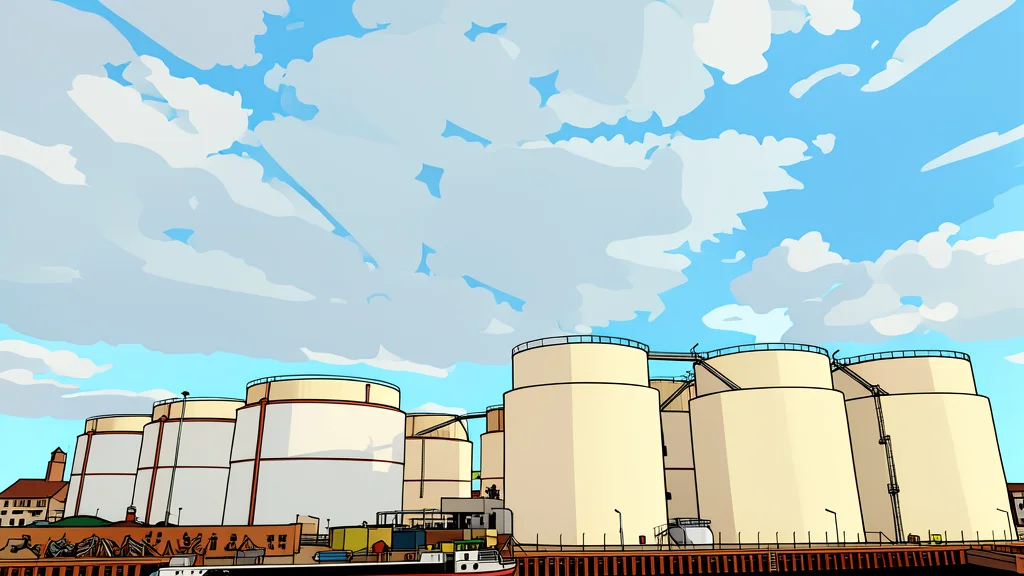 A large industrial oil refinery with smokestacks and storage tanks against a winter sky