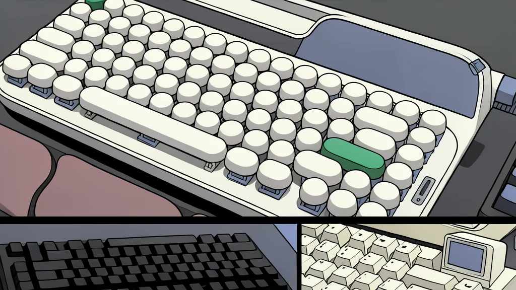 A mechanical keyboard with round keycaps and a rotary knob