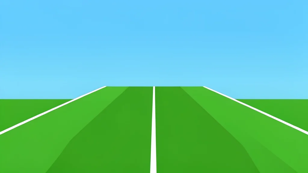 A green grass football field with white yard lines stretching into the distance under a clear sky.