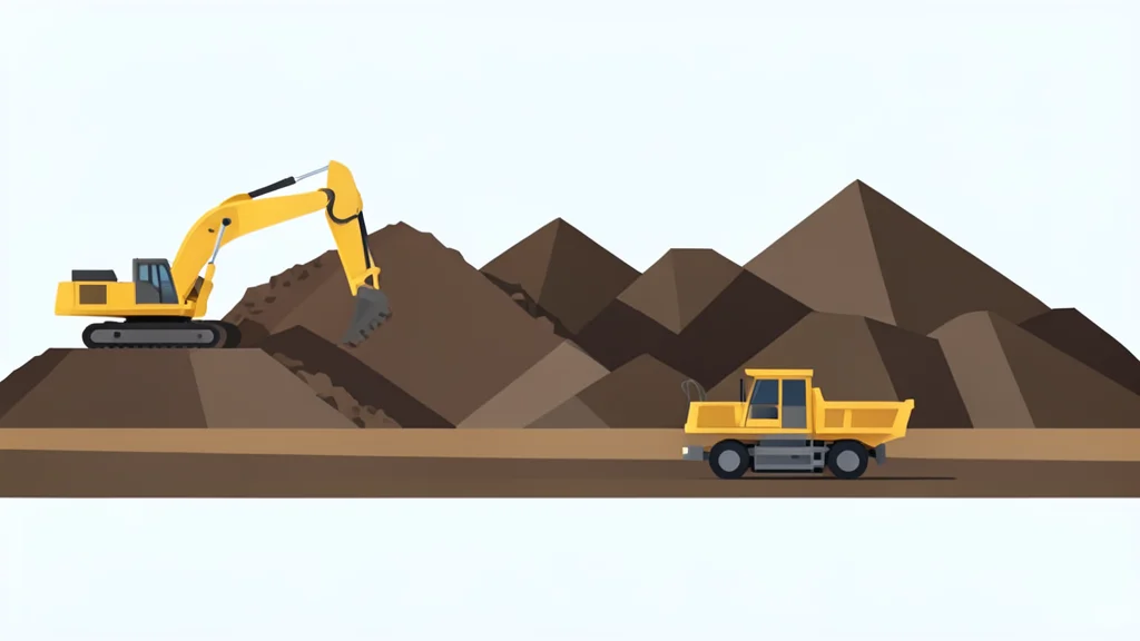 A wide-angle view of an industrial mining landscape featuring heavy earth-moving machinery and large piles of raw ore under a clear sky.