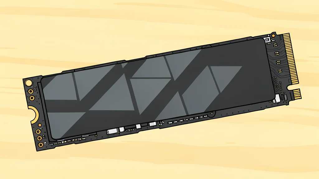 A small, rectangular solid-state drive with a metallic heat spreader resting on a dark surface