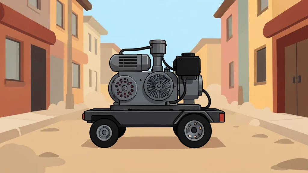 A small, portable diesel generator engine sitting on a wheeled cart in a dusty street
