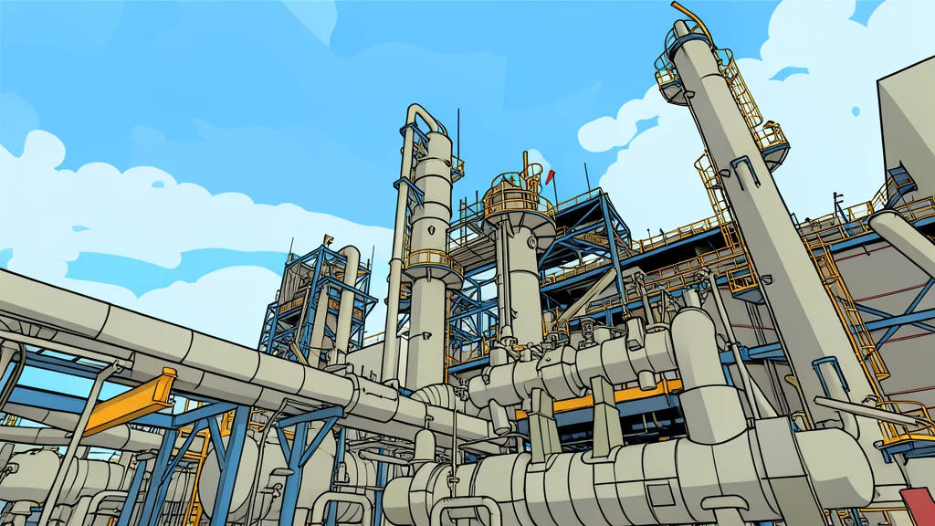 A large industrial oil refinery with tall smokestacks and complex piping against a clear sky
