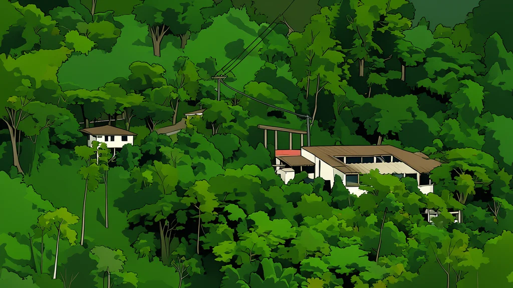 A dense, misty mountain forest with a gravel road winding through it