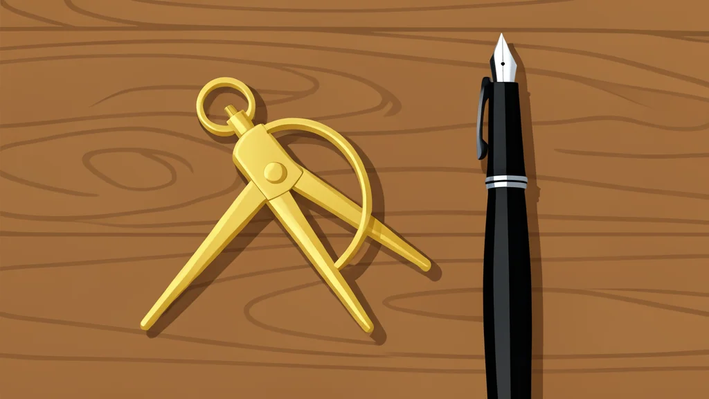 A polished brass compass resting on a wooden desk next to a fountain pen