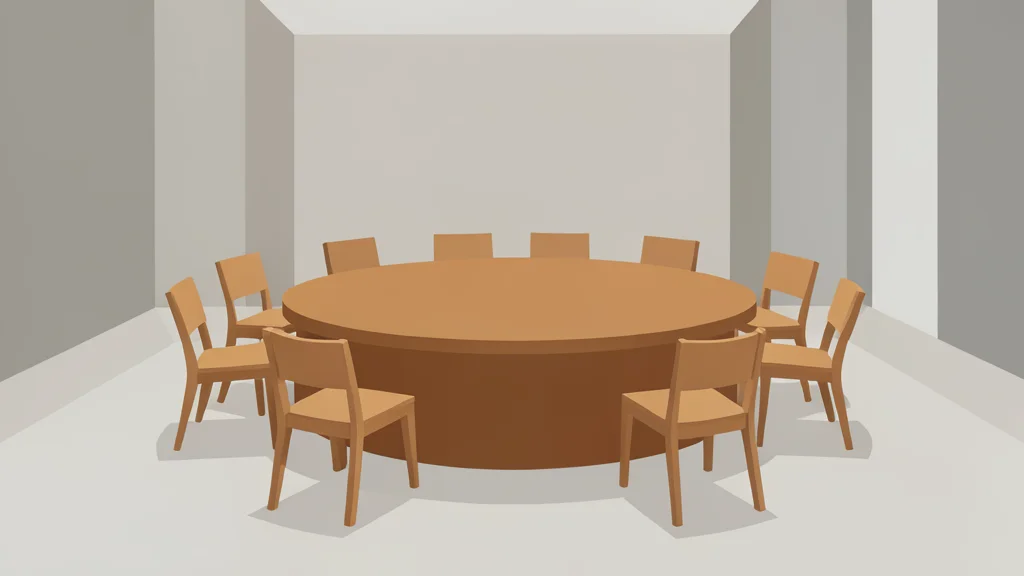 A large, circular wooden conference table with empty chairs arranged around it in a modern hall