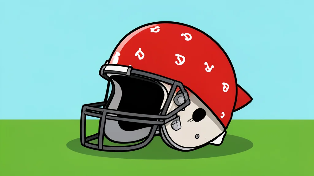 A red bandanna draped over a football helmet resting on a grass field