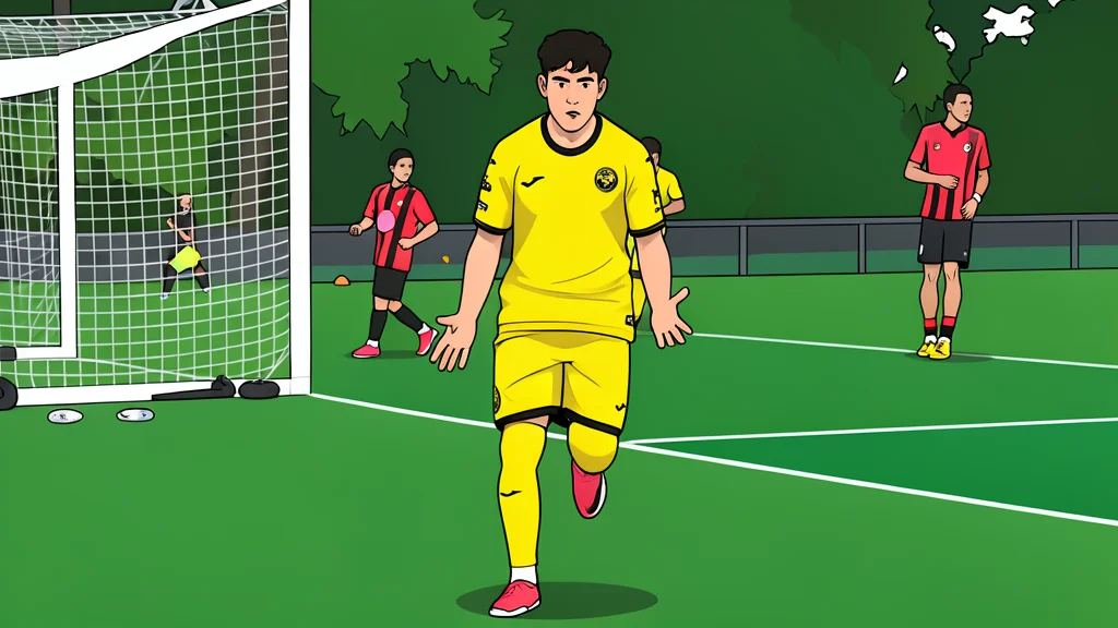 A green grass football pitch with white boundary lines and a goal net in the background, depicted in a flat vector style.