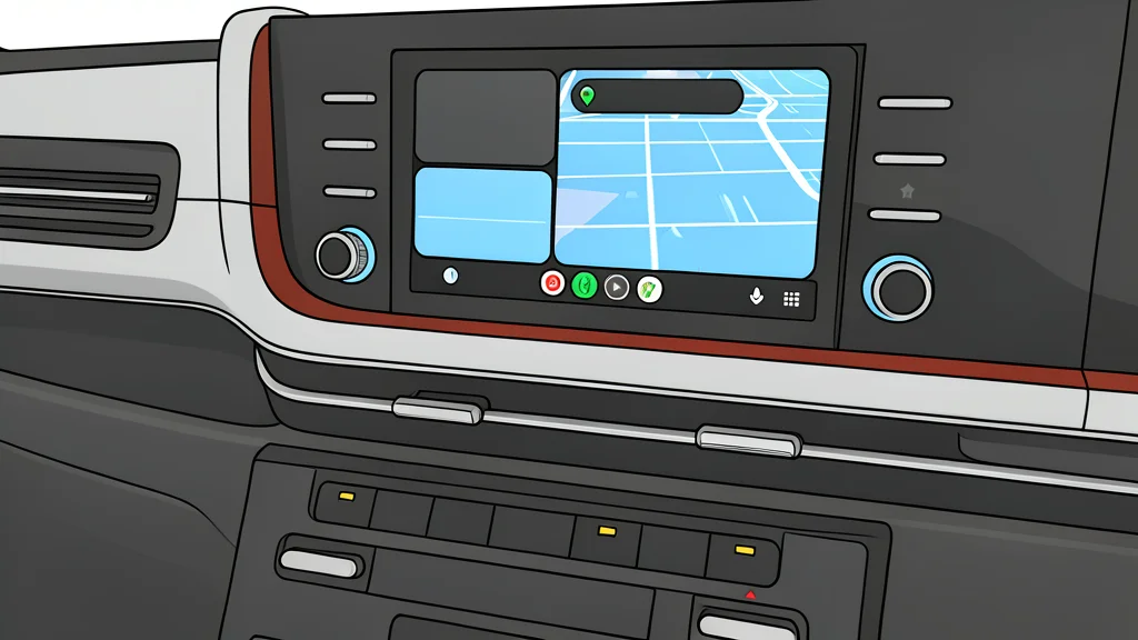 A stylized view of a car interior focusing on the steering wheel and center console