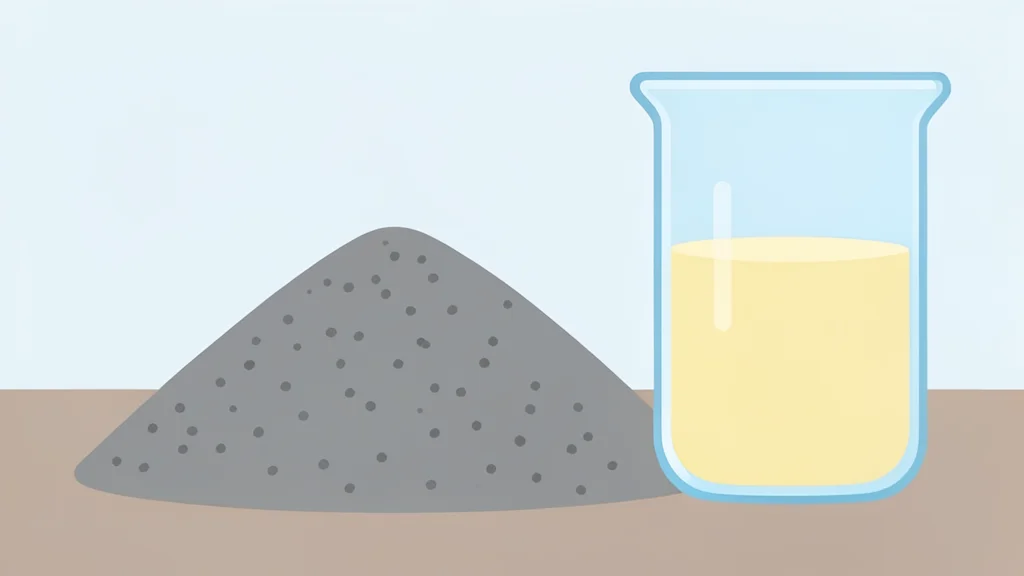 A pile of grey, granular mineral powder next to a clear glass beaker containing a pale yellow liquid