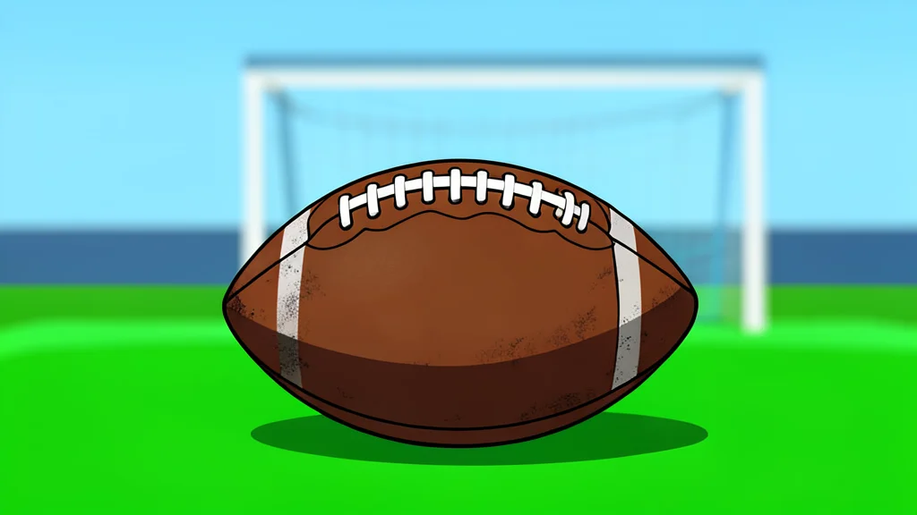 A flat-vector illustration of a green football field with white yard lines and distant goalposts under a clear sky.
