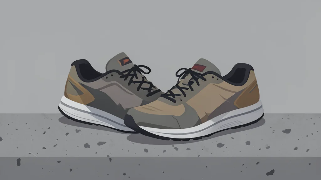 A pair of worn athletic running shoes resting on a concrete surface