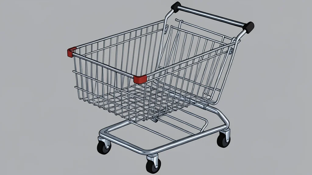 A stack of generic paper currency bills and a single shopping cart filled with generic grocery items.