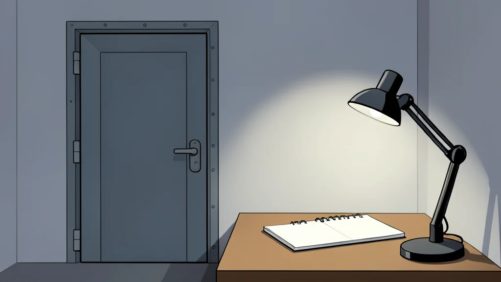A secure, windowless office interior with a heavy steel door and a desk lamp illuminating a blank notepad.