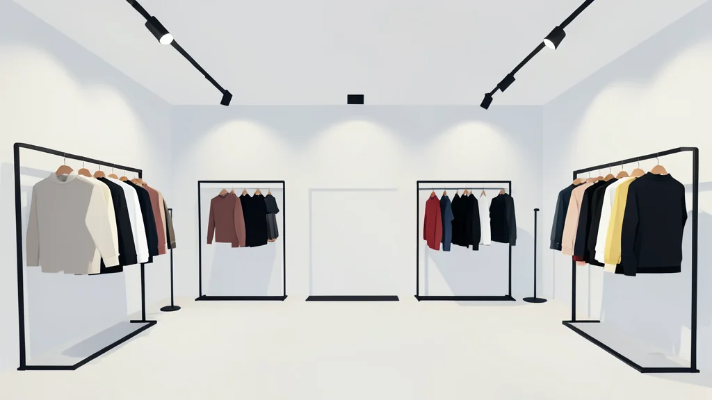 A modern retail clothing store interior with minimalist racks and soft lighting