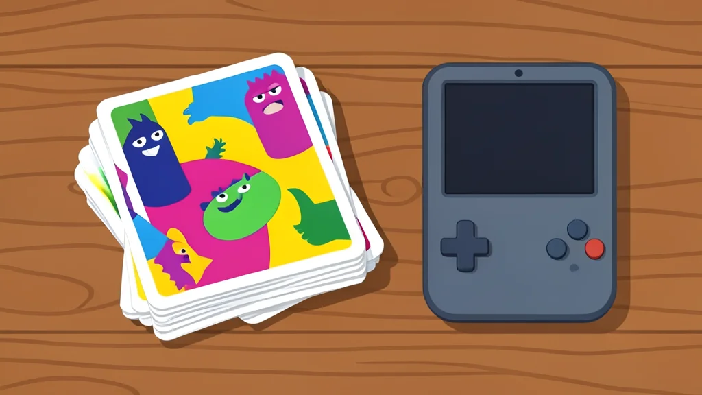 A stack of colorful trading cards with illustrated monsters resting on a wooden table next to a handheld game console