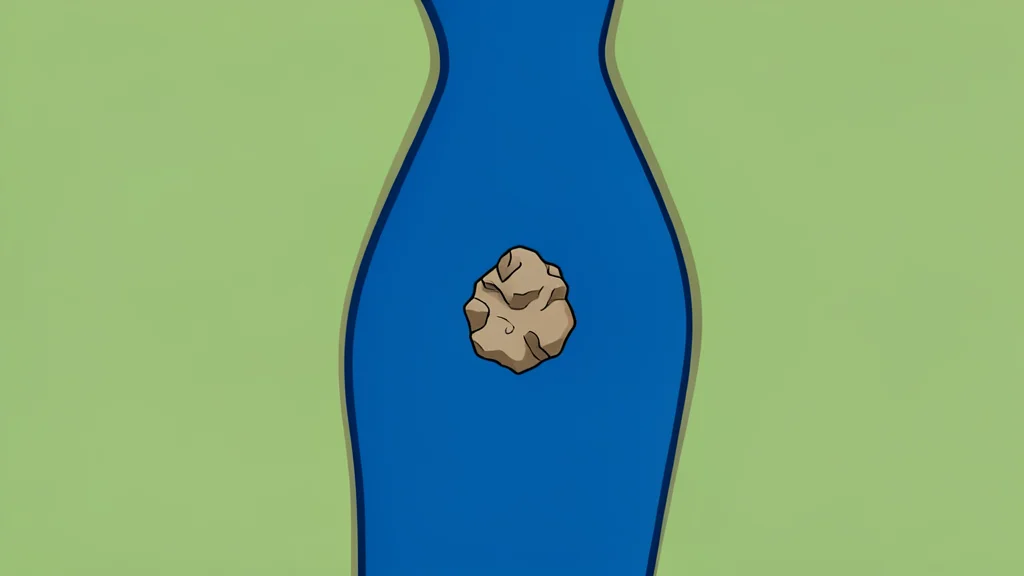 A flat vector illustration of a deep blue waterway connecting two landmasses with a small rocky island in the center.