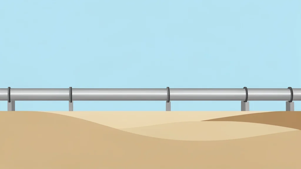 A long, metallic oil pipeline stretching across a flat, arid desert landscape under a clear sky