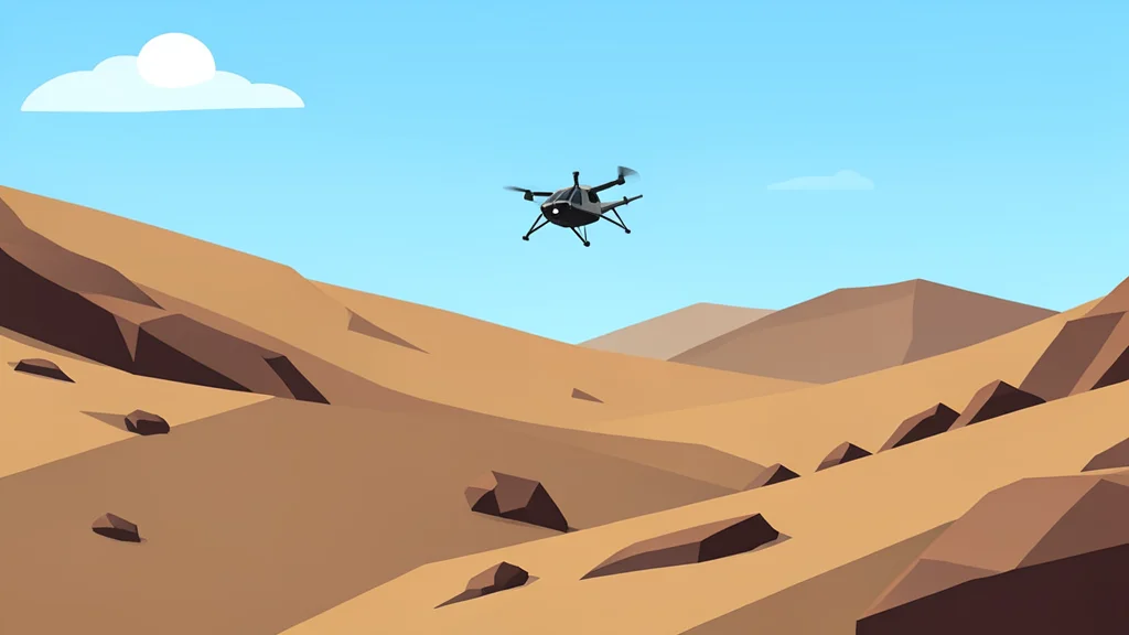 A small unmanned aerial vehicle hovering over a dry, rocky highland landscape
