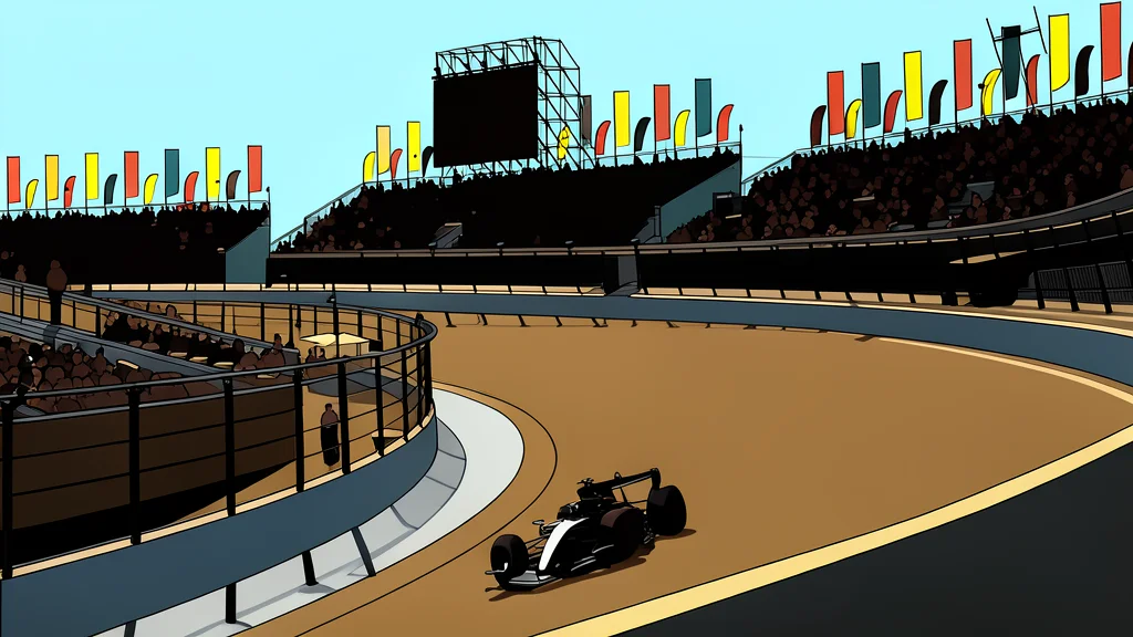 A sweeping banked corner on a street circuit surrounded by grandstands