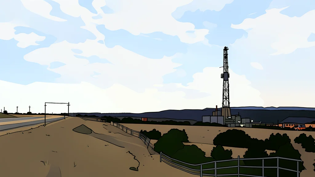 A cluster of industrial gas processing units with tall vertical stacks and piping