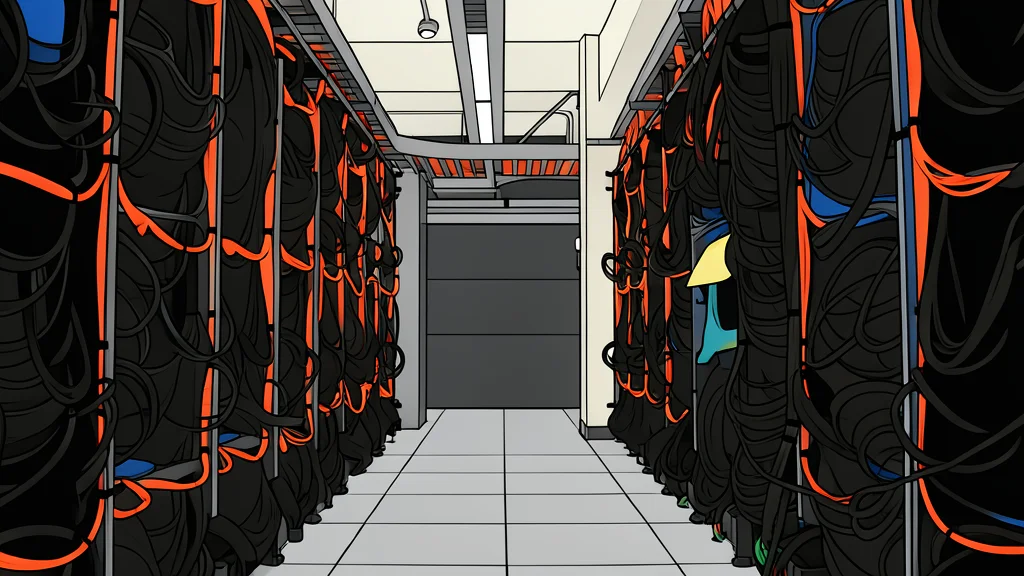 A large industrial server rack standing in a vast, dimly lit warehouse with cooling pipes overhead