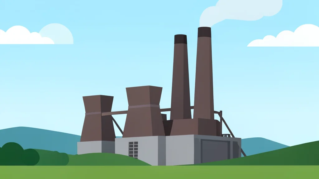 A large industrial blast furnace structure with cooling towers and smokestacks standing in a landscape