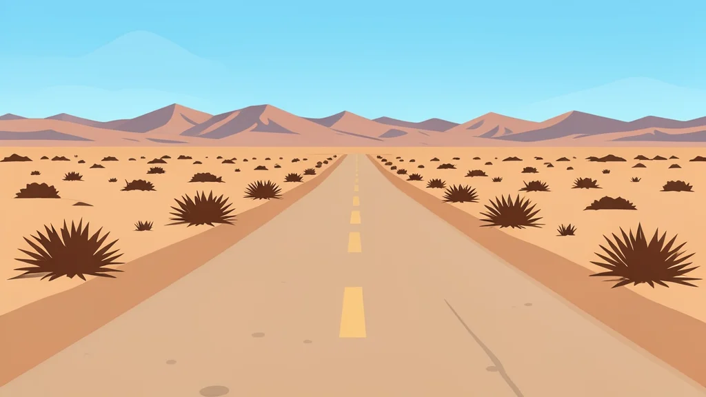A dusty, unpaved road stretching through a dry, arid landscape with sparse desert vegetation and distant mountains under a clear sky.