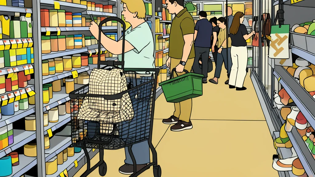 A stack of generic currency bills next to a shopping cart filled with everyday household goods